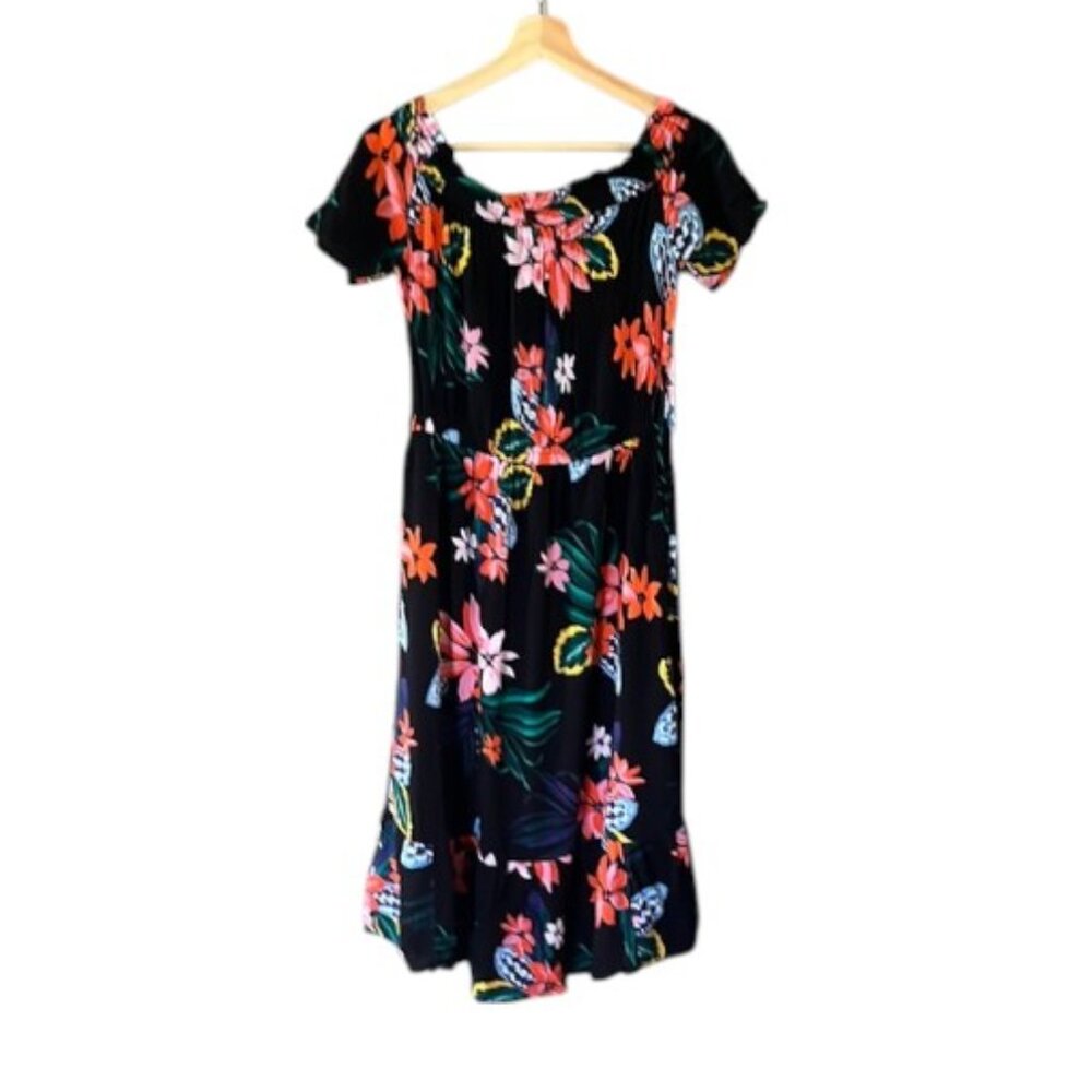 Old Navy Black Floral Smocked Off Shoulder Dress - Size M